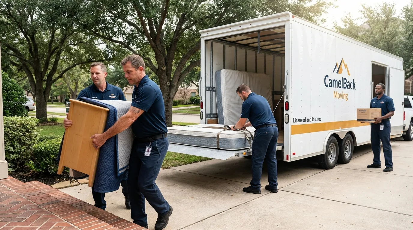 Crew loading residential truck for cross-state move from Penitas, TX