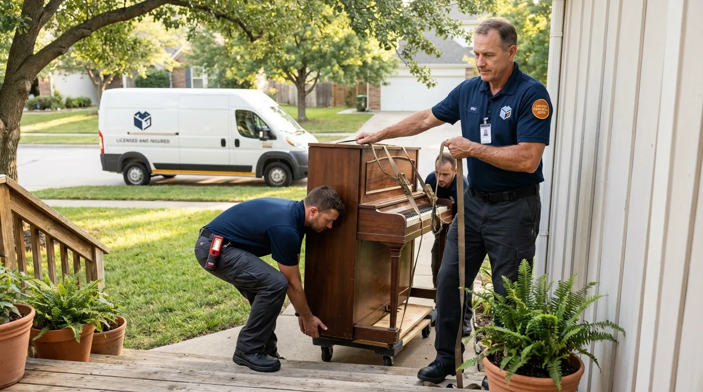 Licensed piano movers securing grand piano in Penitas, TX