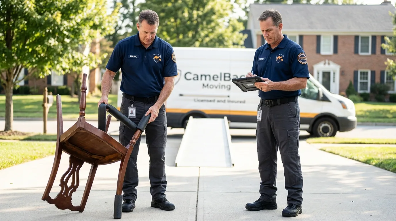 Movers inspecting furniture for damage prevention before loading in Penitas, TX