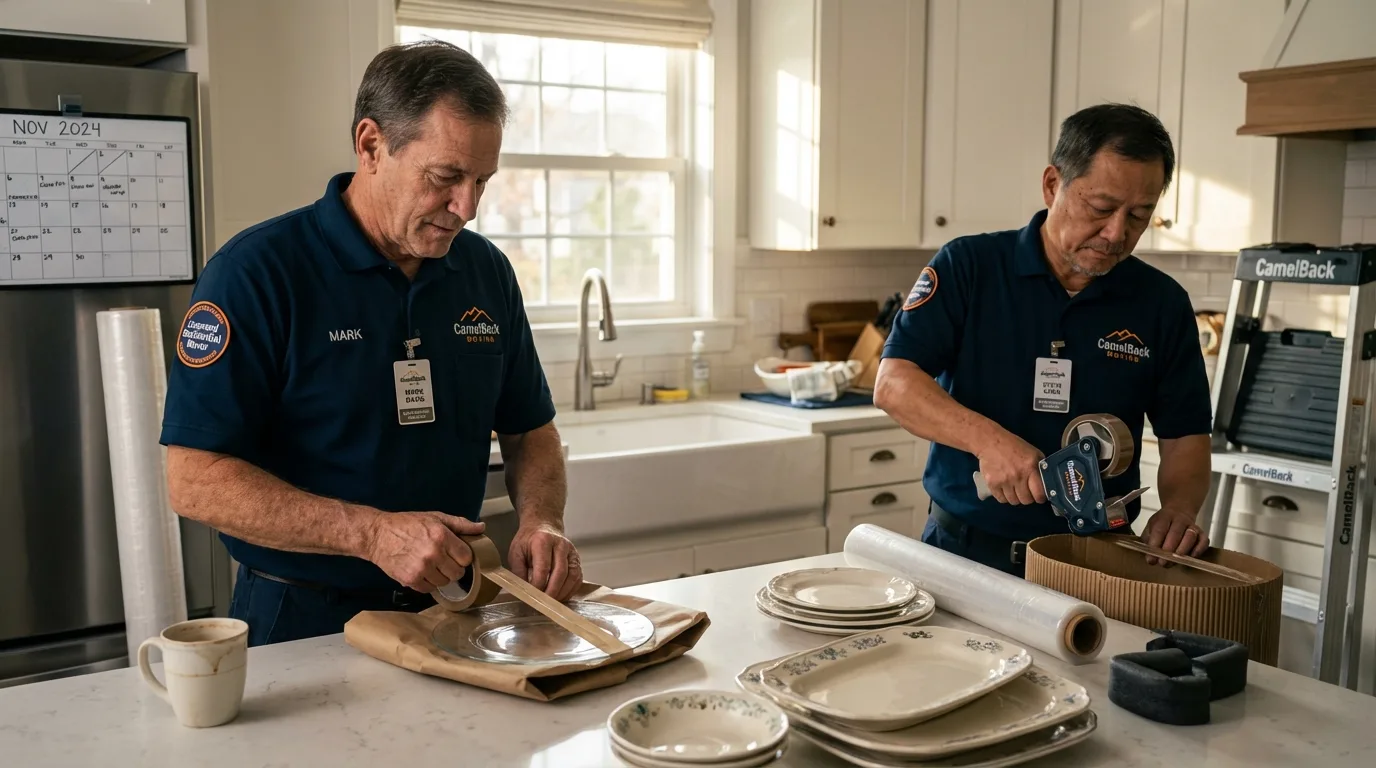 Professional crew packing kitchen dishware in Penitas, TX